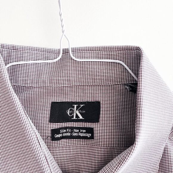 Calvin Klein Mens Slim Fit Shirt Non Iron Long Sleeve Micro Gingham Brown Size X - Picture 3 of 8